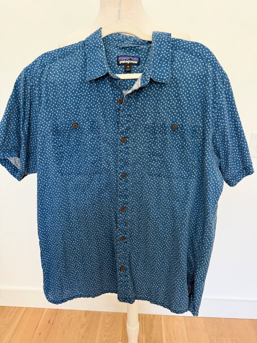 Patagonia Back Step Shirt Mens Blue Hemp Blend Short Sleeve Button Up size XL